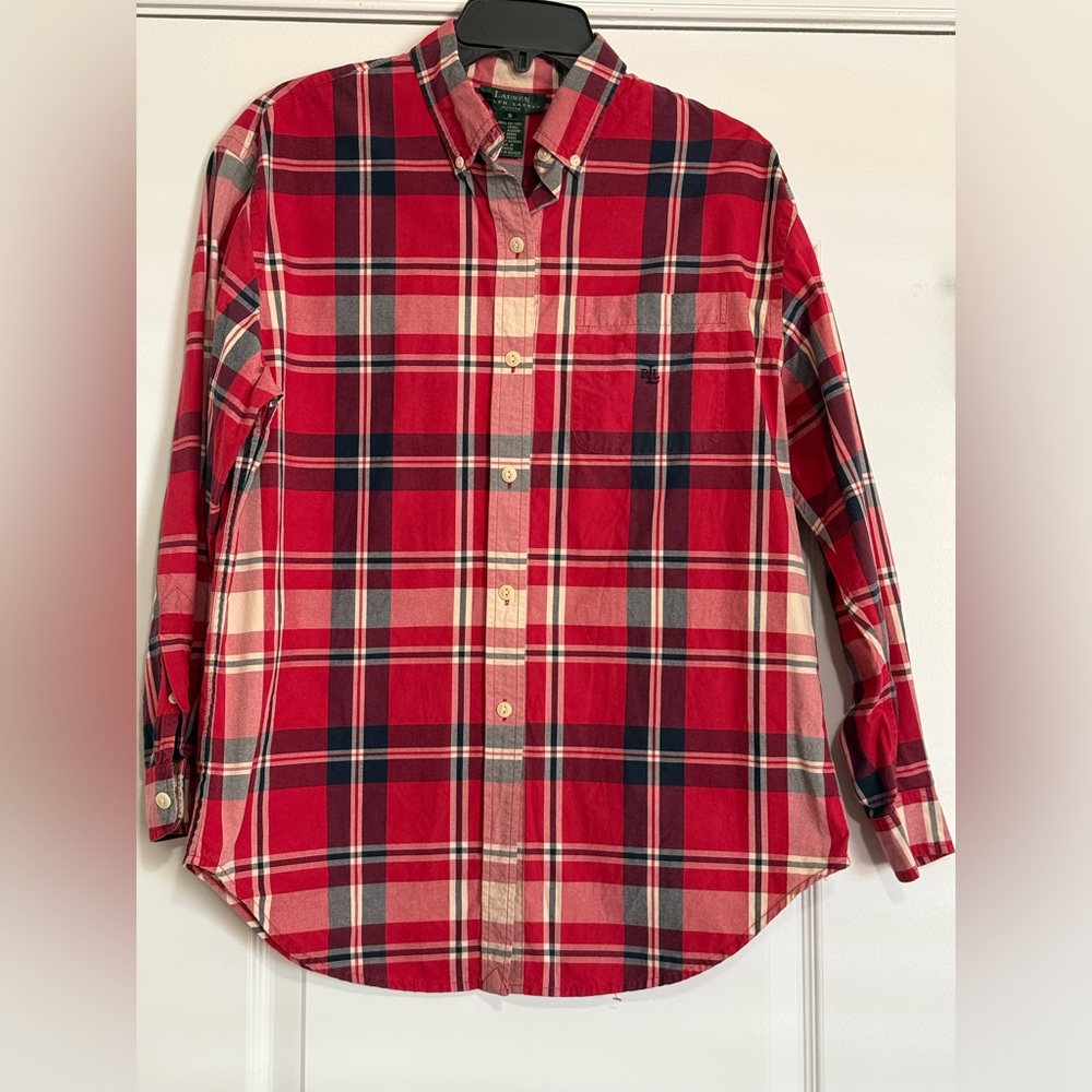 Lauren Ralph Lauren Red and Navy Plaid Petite Womens Button Down Shirt